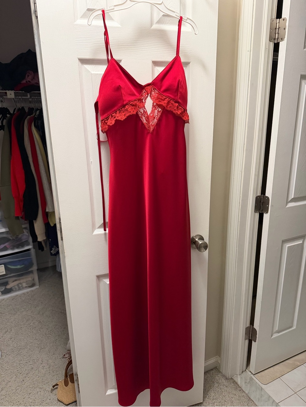 Hello Molly Red Satin Lace-Trim Slip Gown